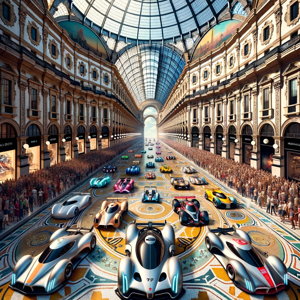 DALL·E 2023-10-20 10.30.17 - Galleria Vittorio Emanuele II in Milan is imagined as a grand racing circuit in a futuristic racing game. Sleek racing cars with drivers of various ge