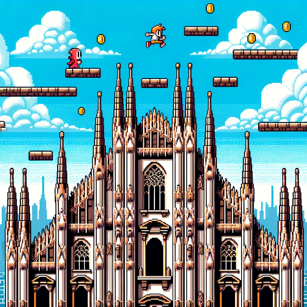 DALL·E 2023-10-20 10.31.14 - Illustration of the Duomo di Milano transformed into a classic 2D platformer game setting. The Gothic spires serve as platforms with pixelated charact