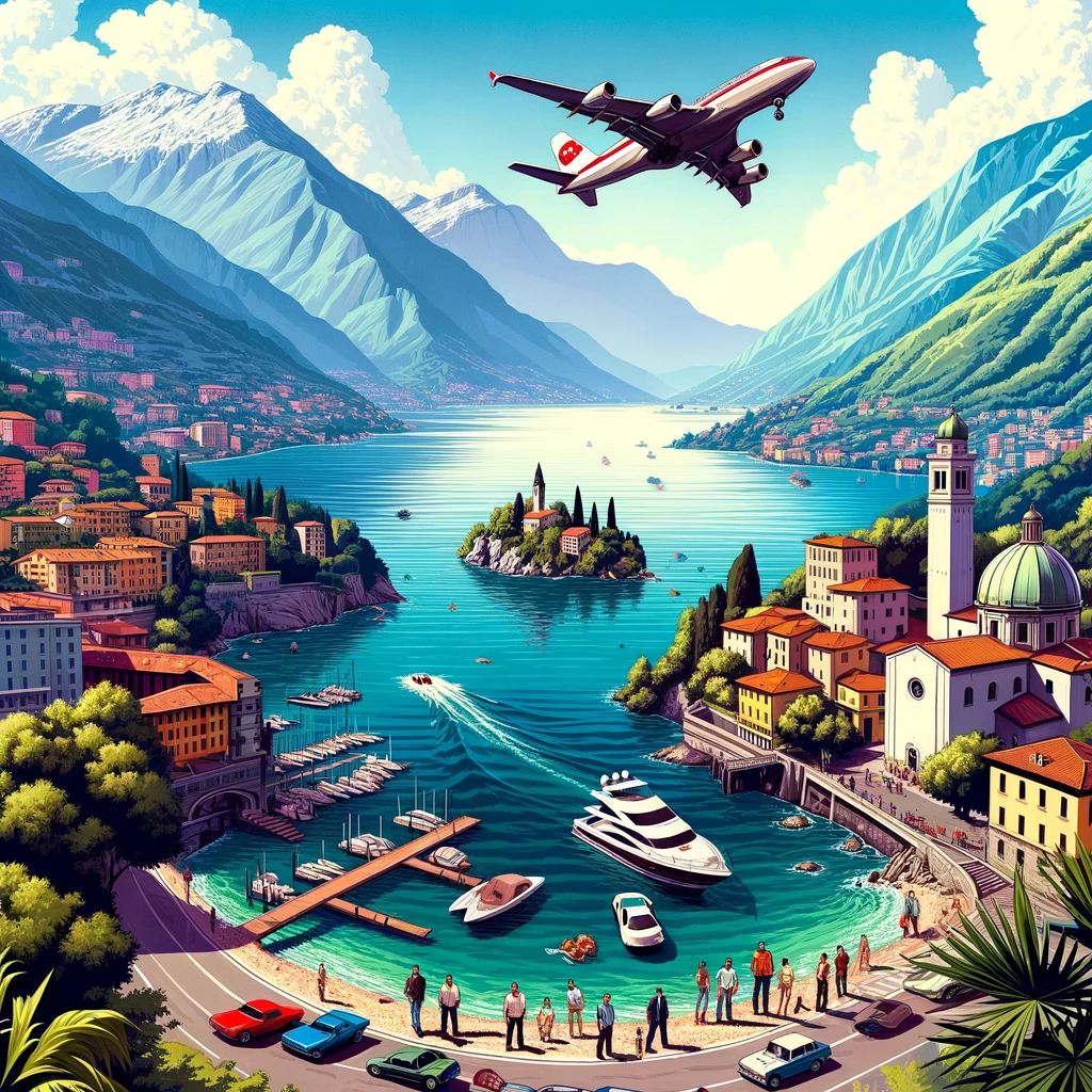 DALL·E 2023-10-20 10.32.01 - Illustration showcasing the scenic Lake of Como with the distinct and vibrant art style of the Grand Theft Auto (GTA) video game series. The serene wa