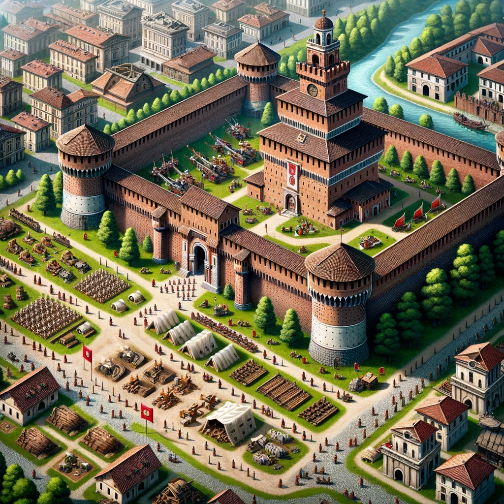 DALL·E 2023-10-20 10.45.18 - Illustration of Castello Sforzesco in Milan reimagined as the main base in a real-time strategy (RTS) video game. The castle's outer walls have defens